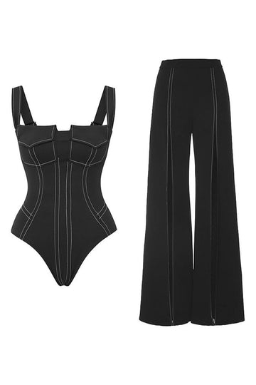 Black Sleeveless One Piece Square Neck Swimwear with Pants